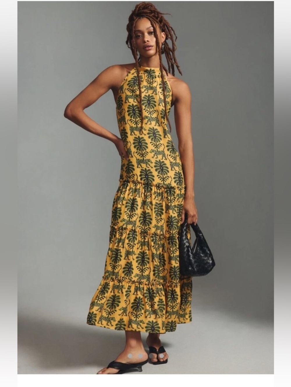 Farm Rio For Anthropologie Satin Halter Dress Gold Leopard Leaf Maxi Sz Large P